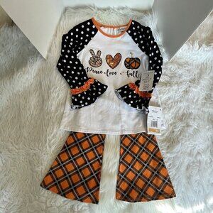 New RARE EDITIONS Girls 6X "Peace Love Fall" Pumpkin Halloween Top & Leggings